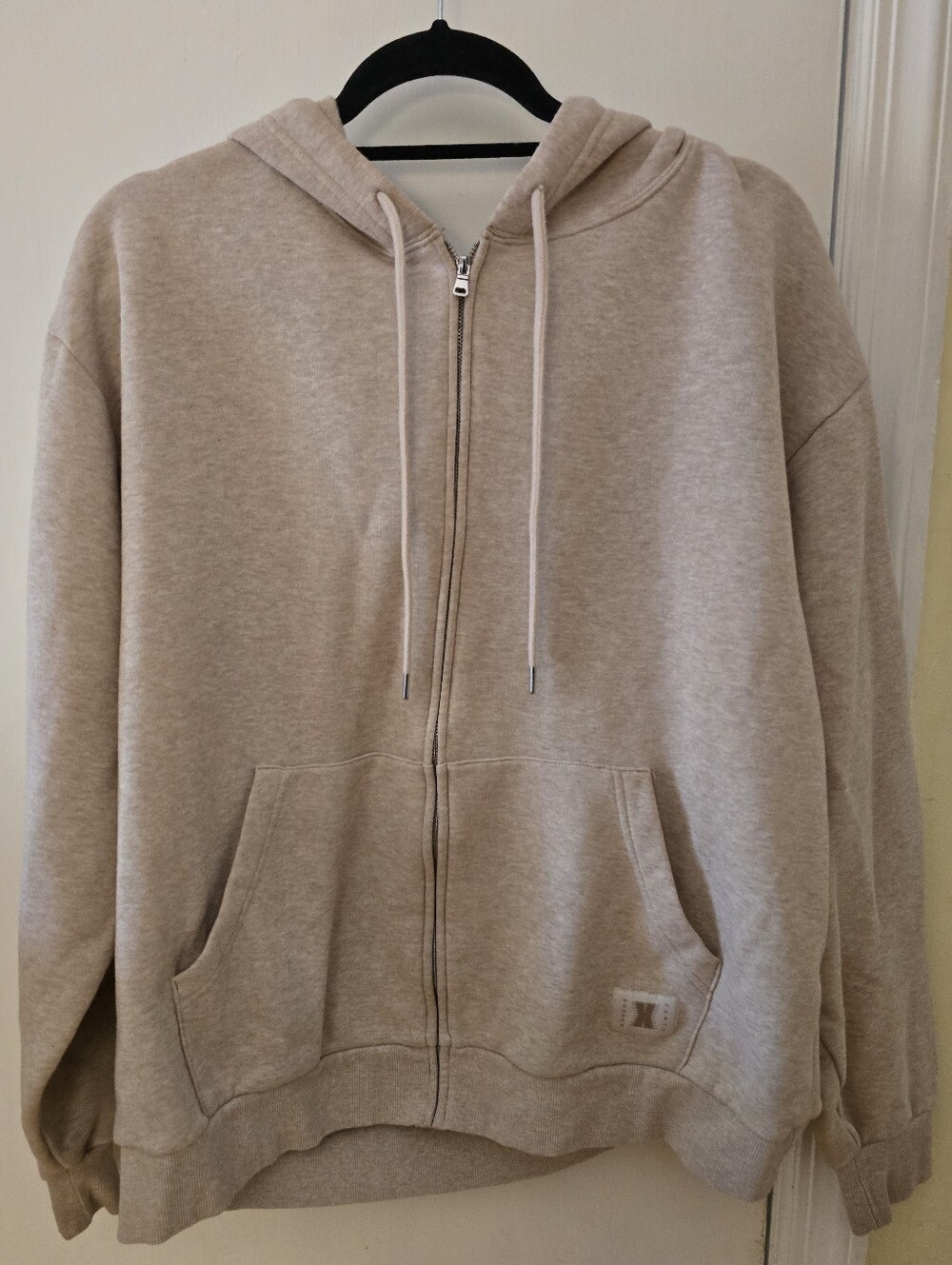 SavageXFenty Essential Fleece Zip-Up Hoodie, Beige Latte Heather, Size L